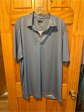 Greg Norman Collection Light Blue and White Thin-Strip Polo